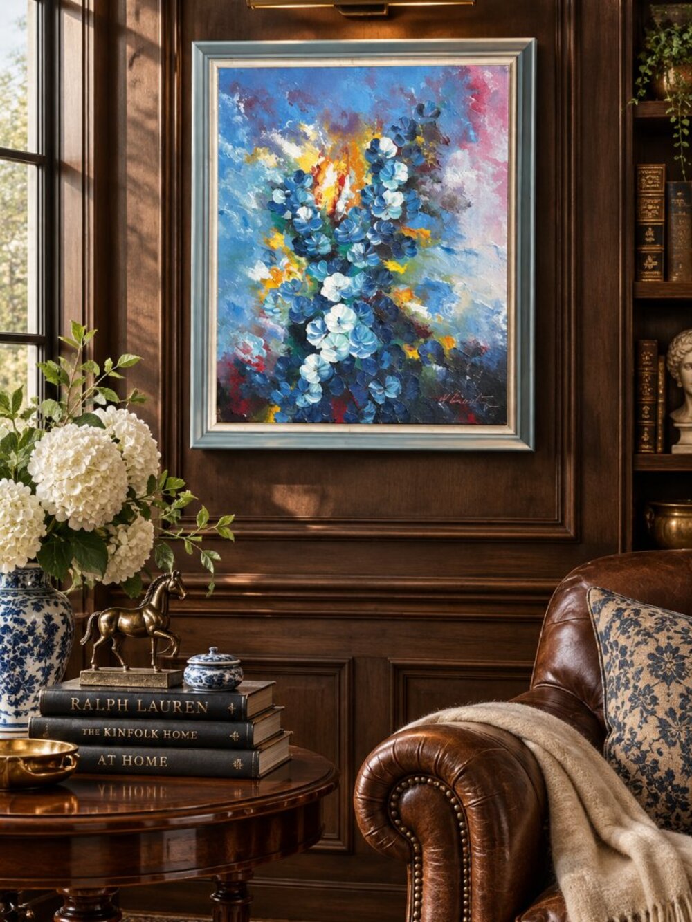 Vintage Original Impasto Oil Painting Blue Floral Bouquet Signed